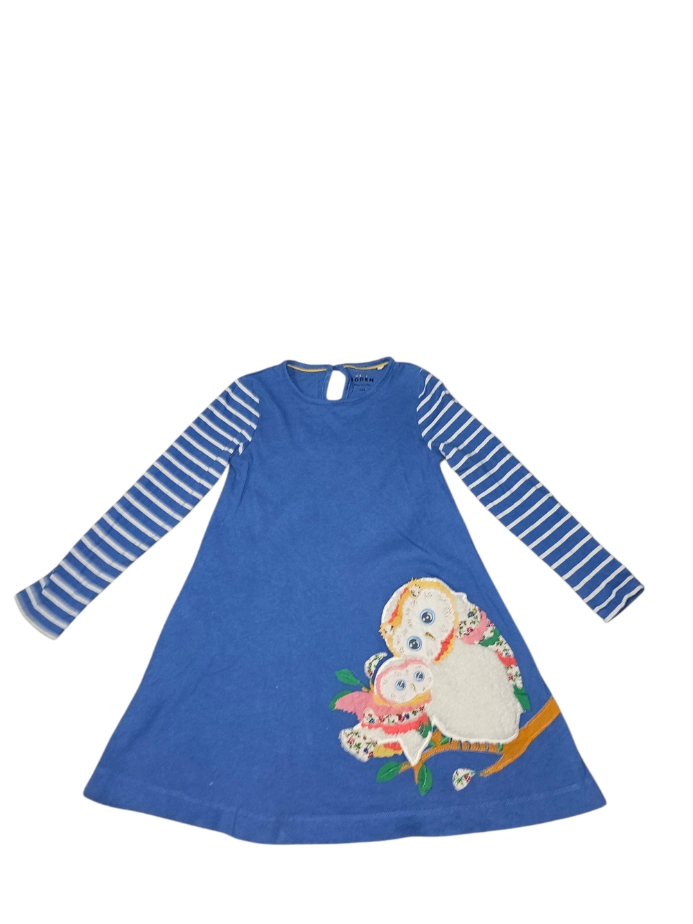 Mini Biden Delft Blue Owl Appliqué Long-Sleeve Kids Dress 5-6 striped EXC